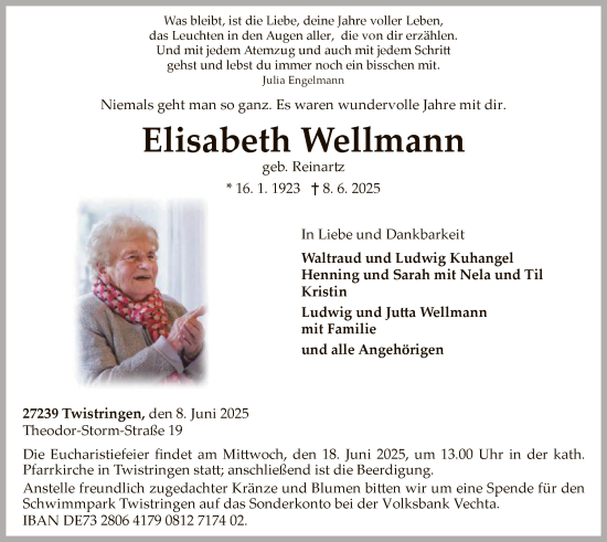 Todesanzeige von Elisabeth Wellmann von SYKS