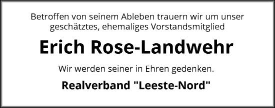 Todesanzeige von Erich Rose-Landwehr von SYKS