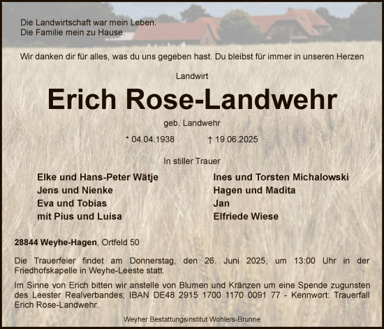 Todesanzeige von Erich Rose-Landwehr von SYKS