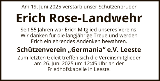 Todesanzeige von Erich Rose-Landwehr von SYKS