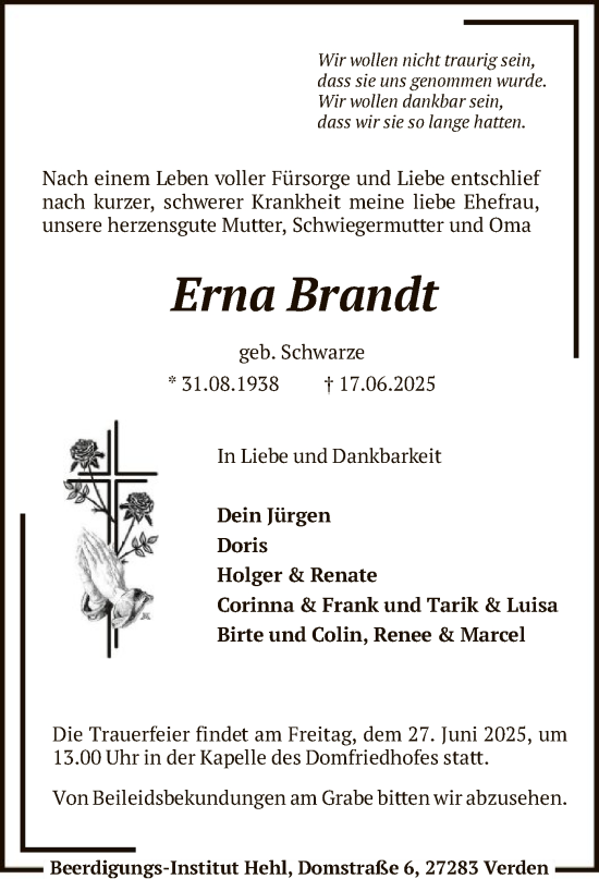 Todesanzeige von Erna Brandt von SYKS