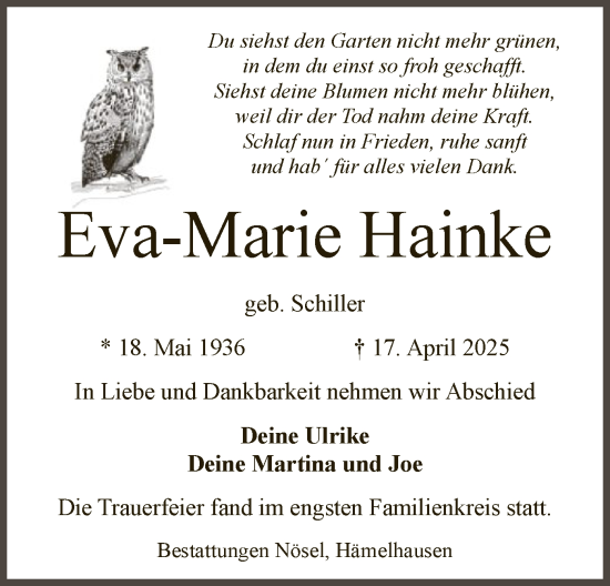 Todesanzeige von Eva-Marie Hainke von SYKS