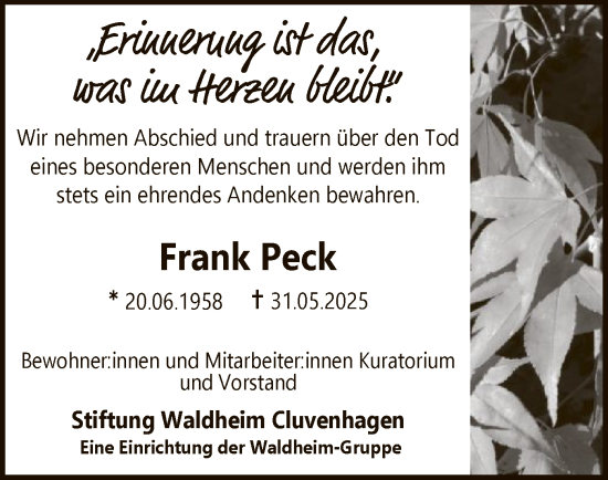 Todesanzeige von Frank Peck von SYKS