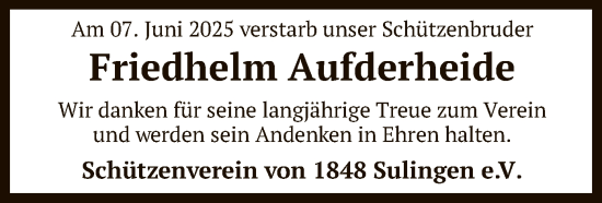 Todesanzeige von Friedhelm Aufderheide von SYKS