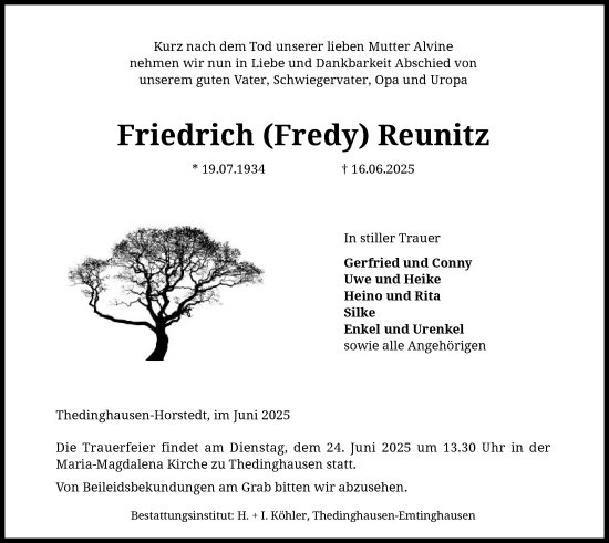 Todesanzeige von Friedrich Reunitz von SYKS