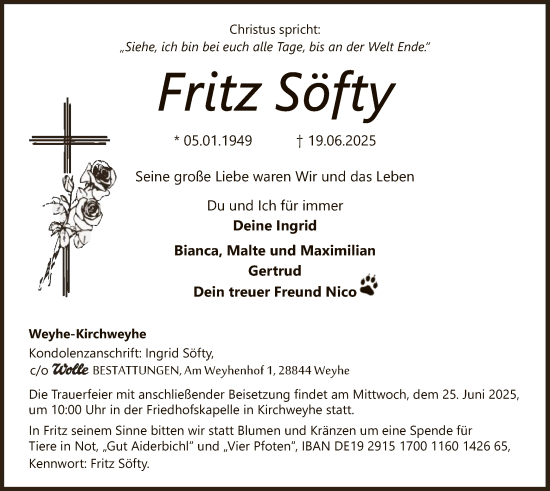 Todesanzeige von Fritz Söfty von SYKS