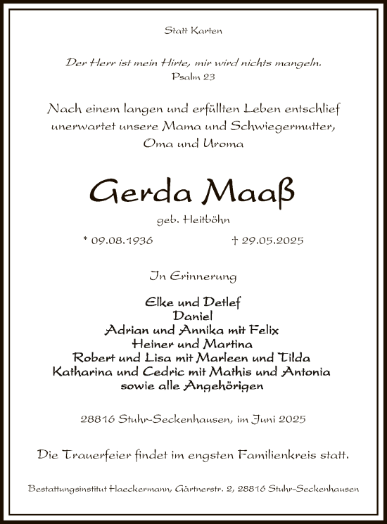 Todesanzeige von Gerda Maaß von SYKS
