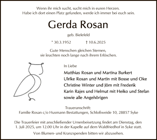 Todesanzeige von Gerda Rosan von SYKS