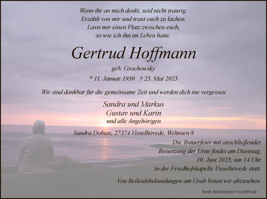 Todesanzeige von Gertrud Hoffmann von SYKR