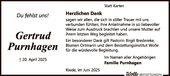 Todesanzeige von Gertrud Purnhagen von SYKS