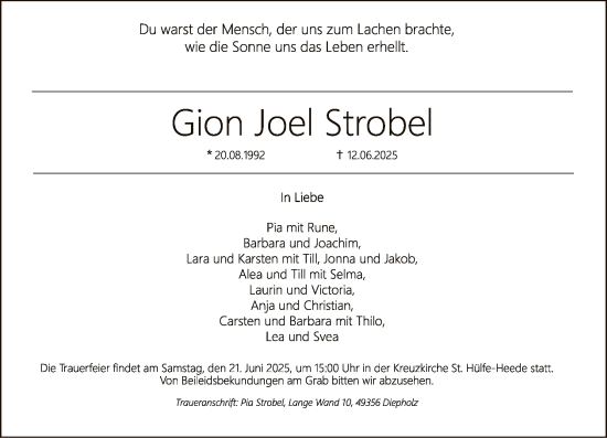 Todesanzeige von Gion Joel Strobel von SYKS