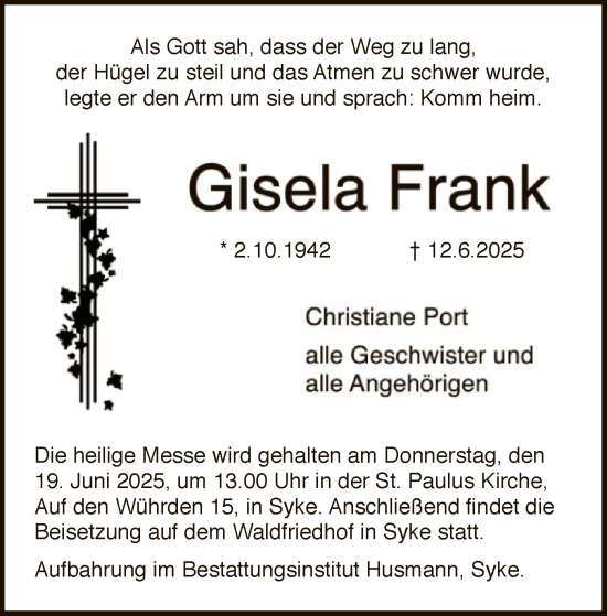 Todesanzeige von Gisela Frank von SYKS