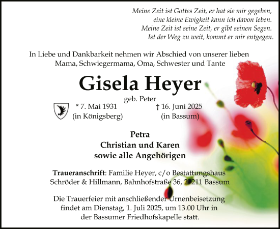 Todesanzeige von Gisela Heyer von SYKS