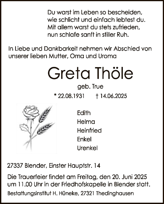 Todesanzeige von Greta Thöle von SYKS