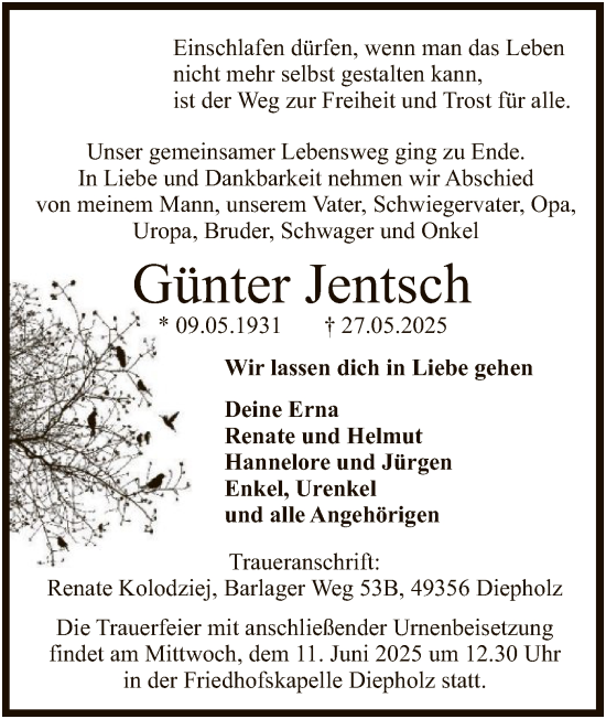 Todesanzeige von Günter Jentsch von SYKS