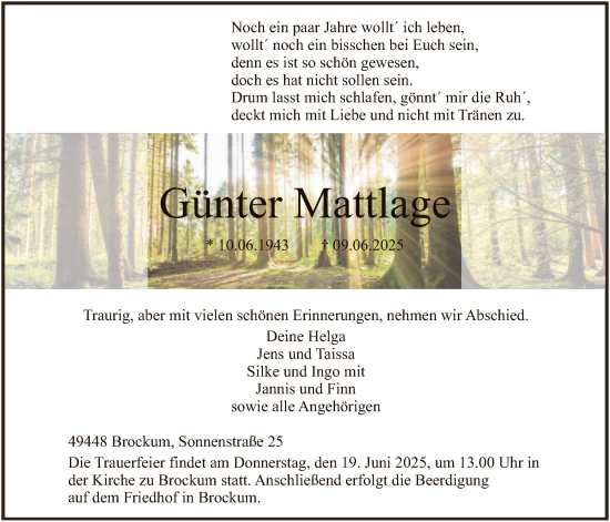 Todesanzeige von Günter Mattlage von SYKS