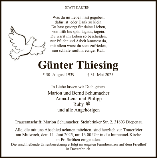 Todesanzeige von Günter Thiesing von SYKS