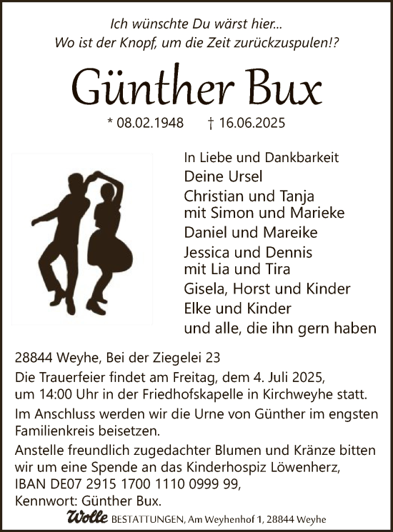 Todesanzeige von Günther Bux von SYKS