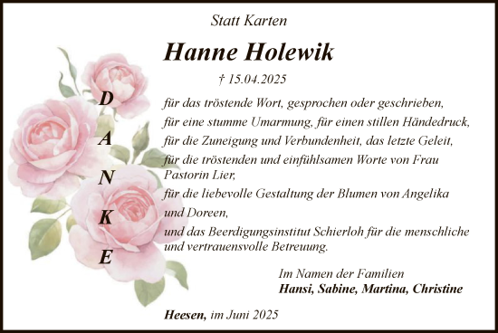 Todesanzeige von Hanne Holewik von SYKS