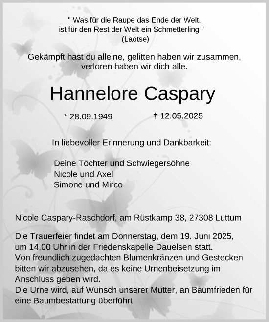 Todesanzeige von Hannelore Caspary von SYKS