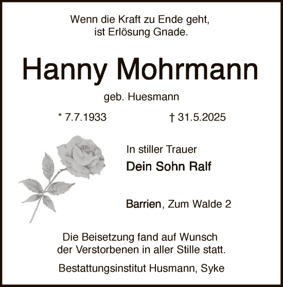 Todesanzeige von Hanny Mohrmann von SYKS