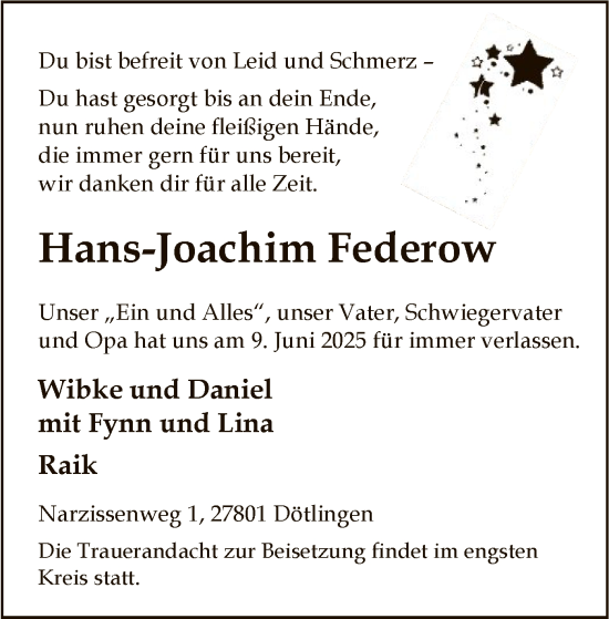 Todesanzeige von Hans-Joachim Federow von SYWZ