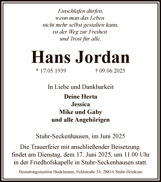 Todesanzeige von Hans Jordan von SYKS
