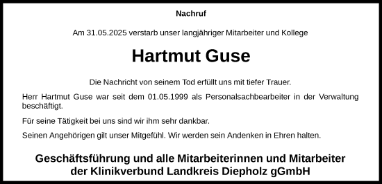 Todesanzeige von Hartmut Guse von SYKS