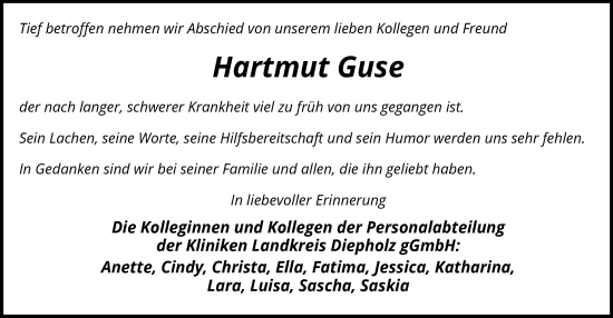 Todesanzeige von Hartmut Guse von SYKS