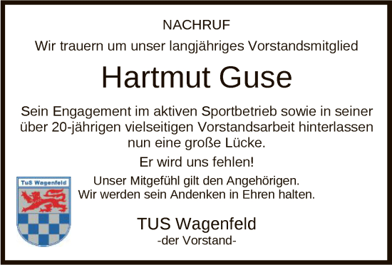 Todesanzeige von Hartmut Guse von SYKS