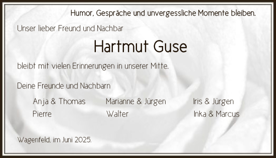 Todesanzeige von Hartmut Guse von SYKS