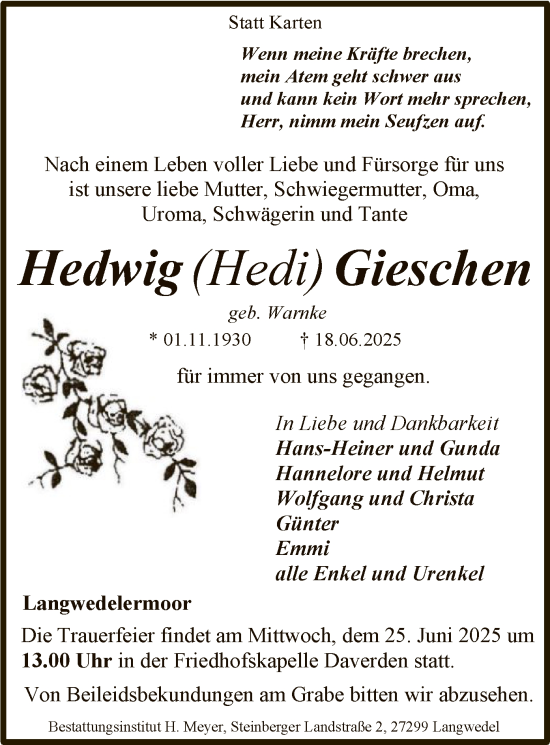 Todesanzeige von Hedwig Gieschen von SYKS