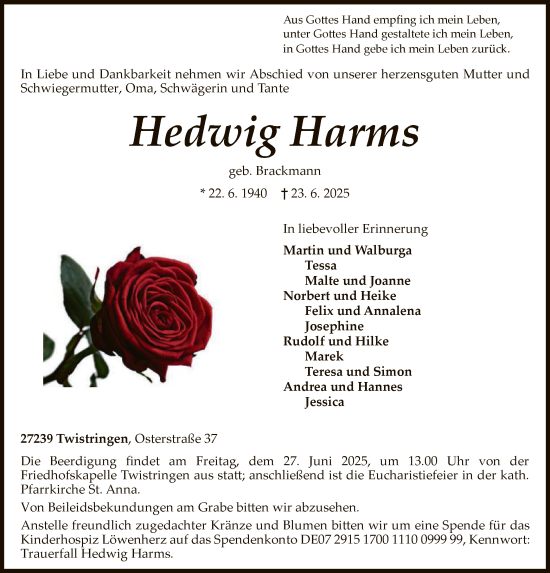 Todesanzeige von Hedwig Harms von SYKS