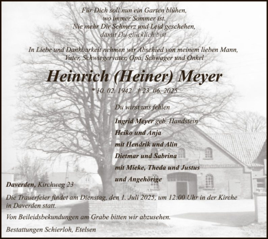 Todesanzeige von Heinrich Meyer von SYKS