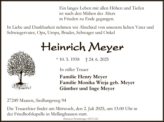 Todesanzeige von Heinrich Meyer von SYKS