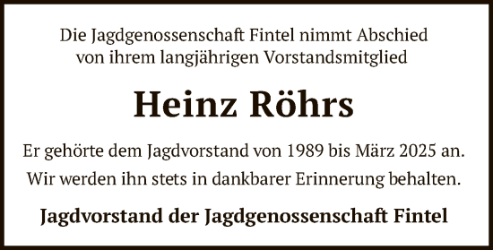 Todesanzeige von Heinz Röhrs von SYKR