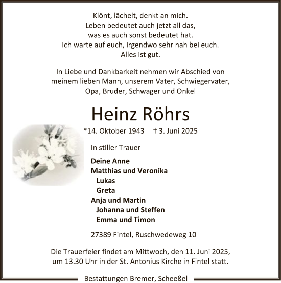 Todesanzeige von Heinz Röhrs von SYKR