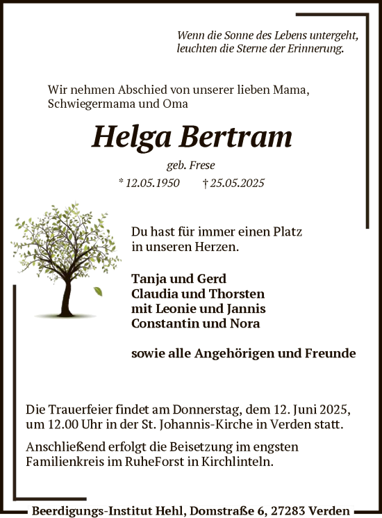 Todesanzeige von Helga Bertram von SYKS