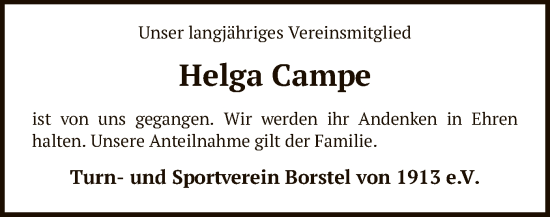 Todesanzeige von Helga Campe von SYKS