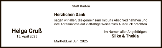 Todesanzeige von Helga Gruß von SYKS
