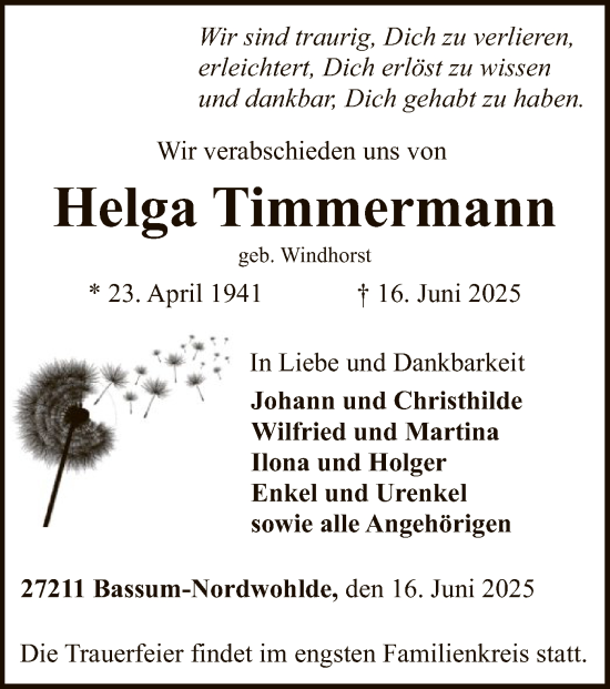 Todesanzeige von Helga Timmermann von SYKS