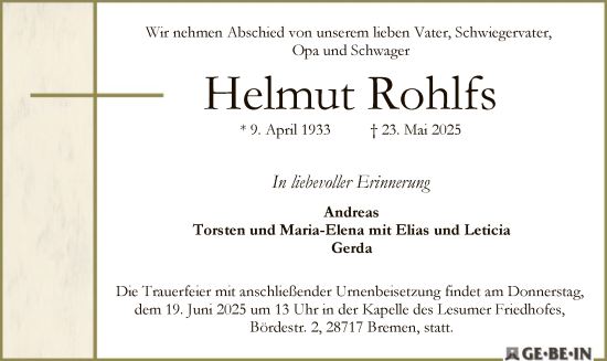 Todesanzeige von Helmut Rohlfs von SYKS