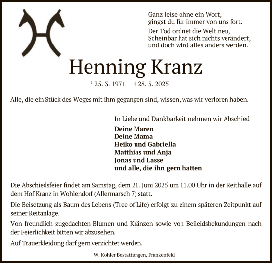 Todesanzeige von Henning Kranz von SYKSSYKS