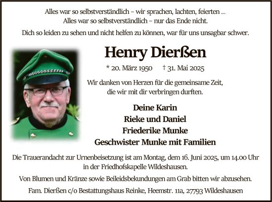 Todesanzeige von Henry Dierßen von SYWZ