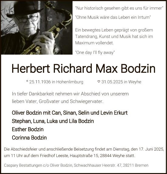 Todesanzeige von Herbert Richard Max Bodzin von SYKS