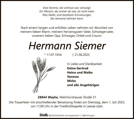 Todesanzeige von Hermann Siemer von SYKS