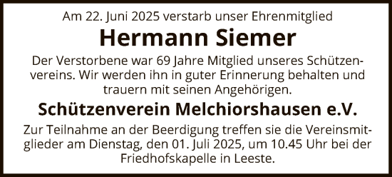 Todesanzeige von Hermann Siemer von SYKS