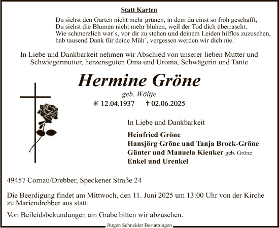 Todesanzeige von Hermine Gröne von SYKS
