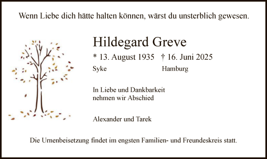 Todesanzeige von Hildegard Greve von SYKS