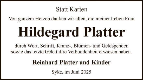 Todesanzeige von Hildegard Platter von SYKS